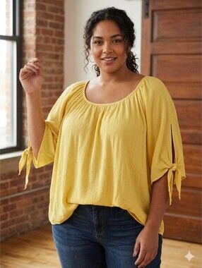 Ellen Weaver Plus Size Yellow Textured Flowy Tie Batwing Sleeve Blouse